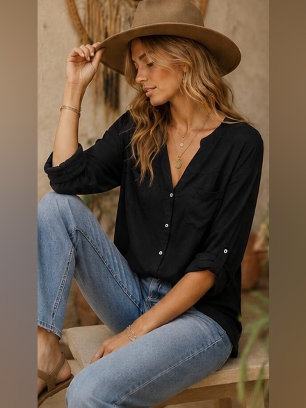 Intro. Black Button Front Blouse Roll Tab Sleeve  & V-Neck | Petite XL